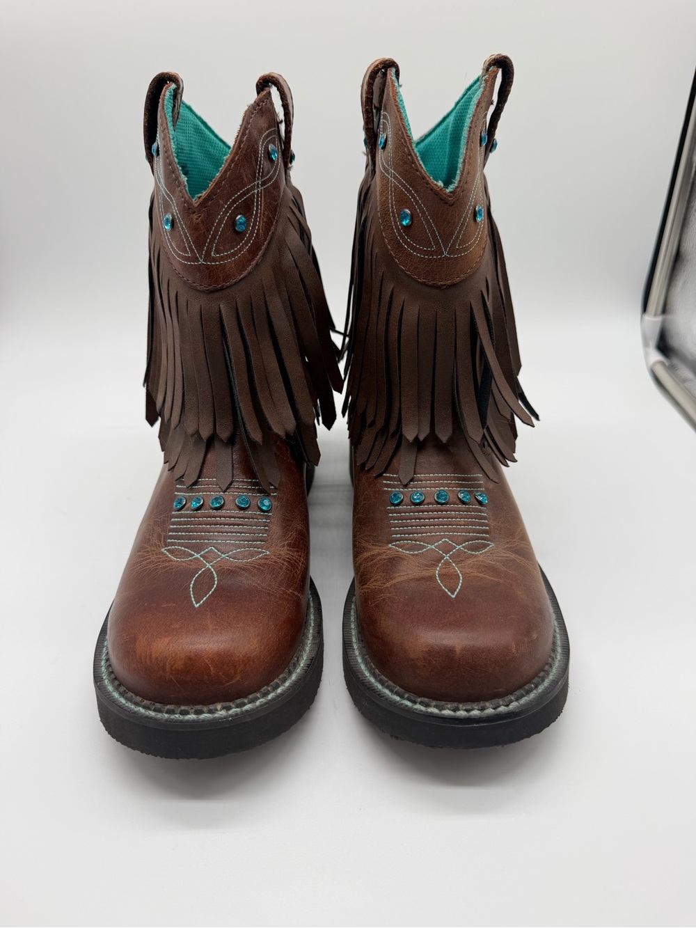 Justin Boots Brown Leather Fringe Ankle Booties with Turquoise Accents Sz7 1/2 B